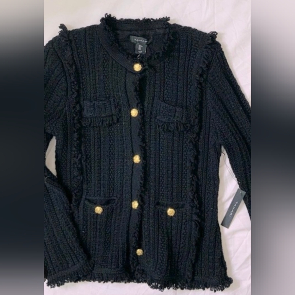 Tahari Black Textured Blazer with Gold Buttons